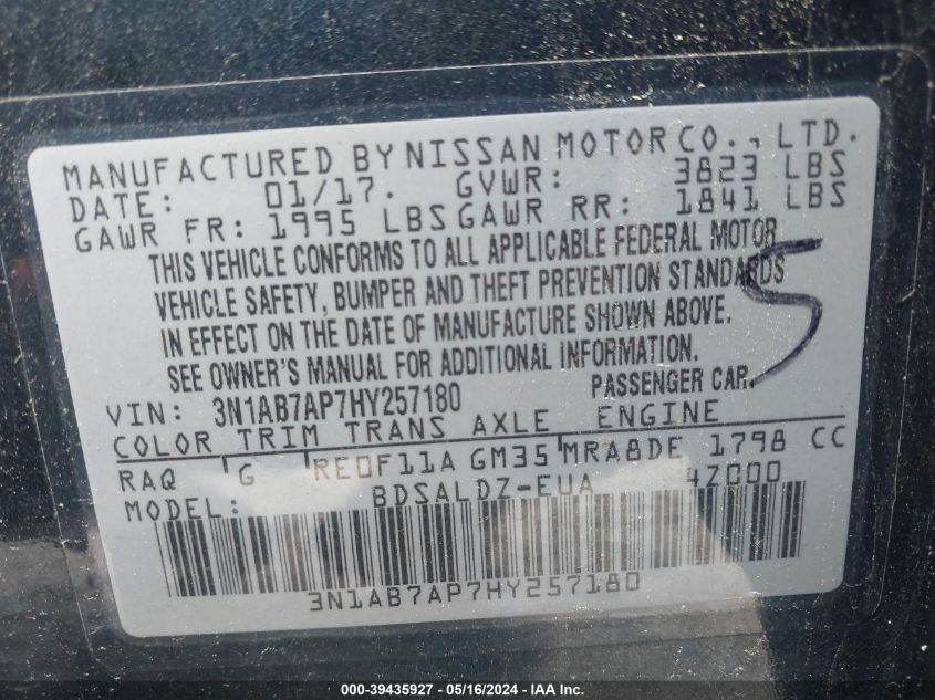 2017 Nissan Sentra Sv VIN: 3N1AB7AP7HY257180 Lot: 39435927