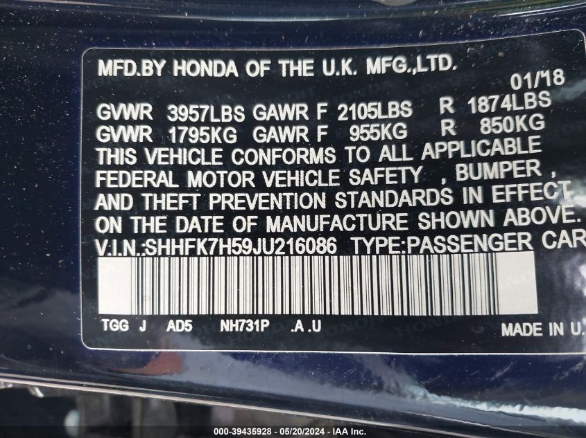 2018 Honda Civic Ex VIN: SHHFK7H59JU216086 Lot: 39435928