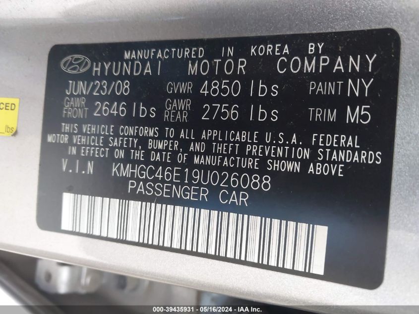 2009 Hyundai Genesis 3.8 VIN: KMHGC46E19U026088 Lot: 39435931