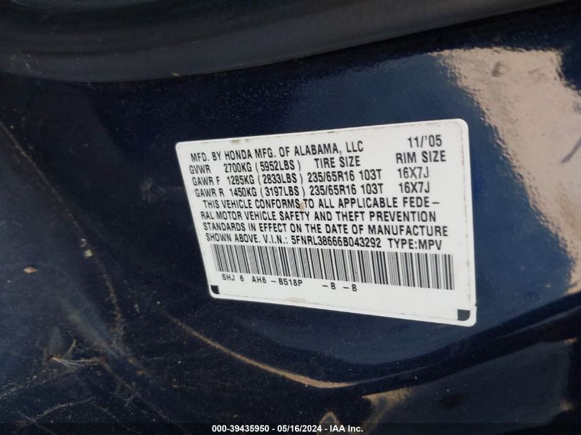 2006 Honda Odyssey Ex-L VIN: 5FNRL38666B043292 Lot: 39435950