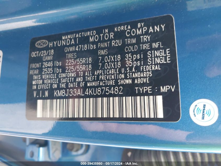 2019 Hyundai Tucson Sel VIN: KM8J33AL4KU875482 Lot: 39435980