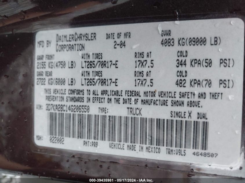 2004 Dodge Ram 2500 Slt/Laramie VIN: 3D7KA28C14G206550 Lot: 39435981