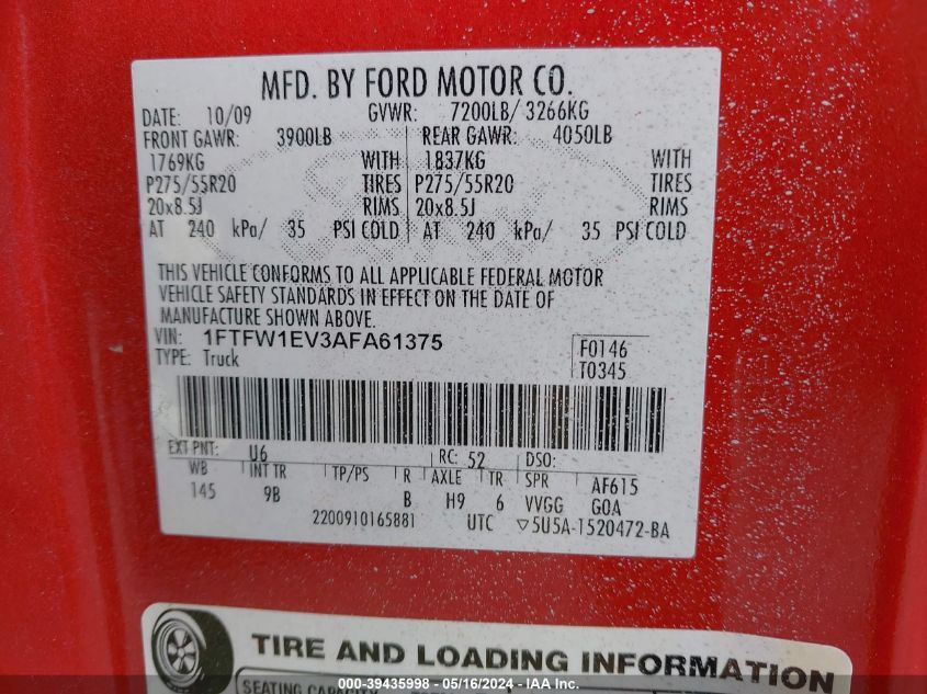 2010 Ford F-150 Fx4/Harley-Davidson/King Ranch/Lariat/Platinum/Xl/Xlt VIN: 1FTFW1EV3AFA61375 Lot: 39435998
