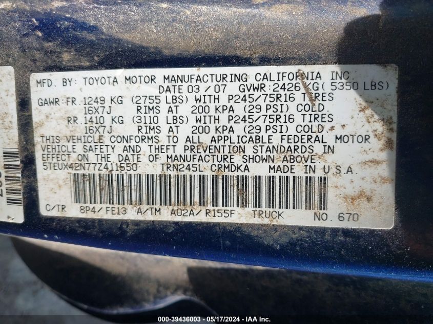 2007 Toyota Tacoma VIN: 5TEUX42N77Z411550 Lot: 39436003