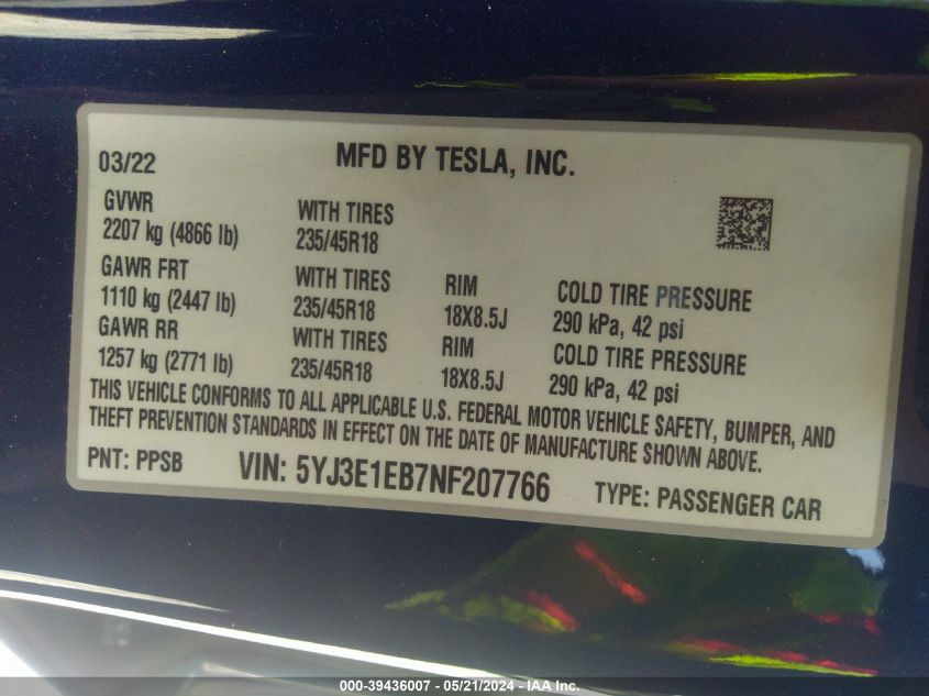 2022 Tesla Model 3 Long Range Dual Motor All-Wheel Drive VIN: 5YJ3E1EB7NF207766 Lot: 39436007