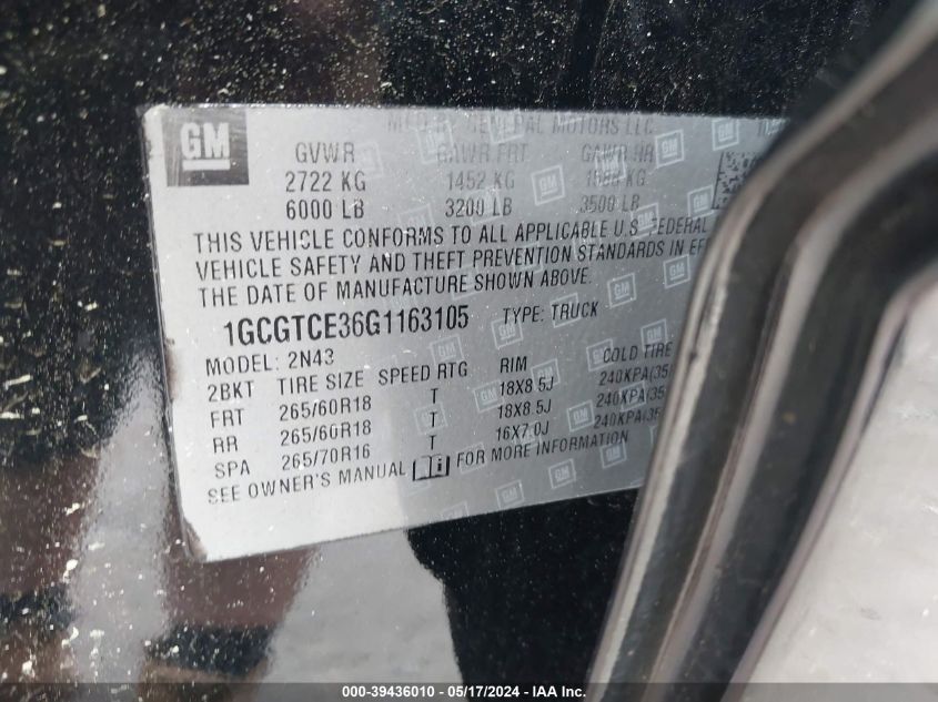 2016 Chevrolet Colorado Lt VIN: 1GCGTCE36G1163105 Lot: 39436010