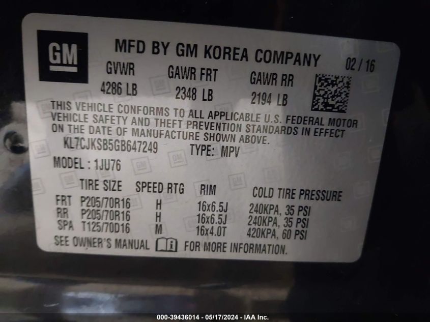 2016 Chevrolet Trax 1Ls VIN: KL7CJKSB5GB647249 Lot: 39436014