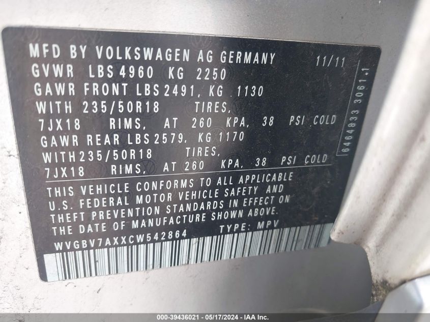 2012 Volkswagen Tiguan Se VIN: WVGBV7AXXCW542864 Lot: 39436021