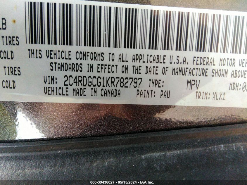 2019 Dodge Grand Caravan Sxt VIN: 2C4RDGCG1KR782797 Lot: 39436027