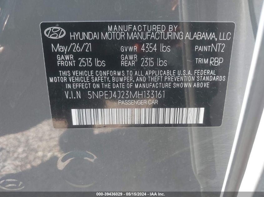 2021 Hyundai Sonata Sel Plus VIN: 5NPEJ4J23MH133161 Lot: 39436029