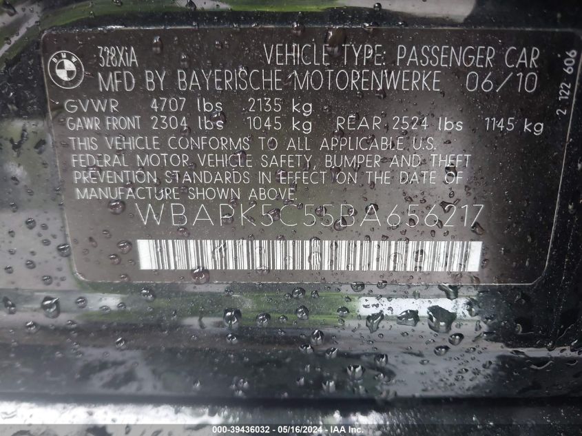 2011 BMW 328I xDrive VIN: WBAPK5C55BA656217 Lot: 39436032