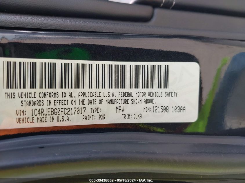 2015 Jeep Grand Cherokee Limited VIN: 1C4RJEBG0FC217017 Lot: 39436052