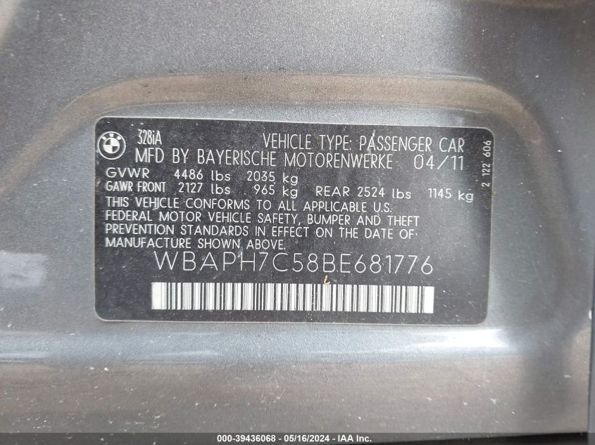 2011 BMW 328I VIN: WBAPH7C58BE681776 Lot: 39436068