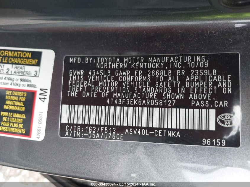 2010 Toyota Camry Le VIN: 4T4BF3EK6AR058127 Lot: 39436071