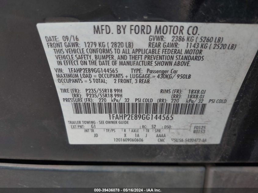 2016 FORD TAURUS SEL - 1FAHP2E89GG144565