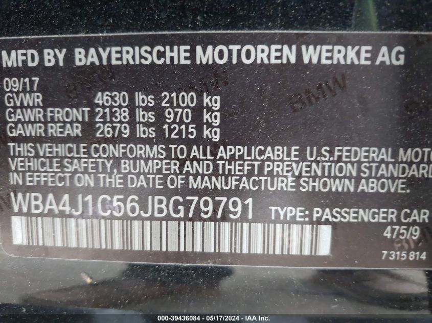 2018 BMW 430I Gran Coupe VIN: WBA4J1C56JBG79791 Lot: 39436084