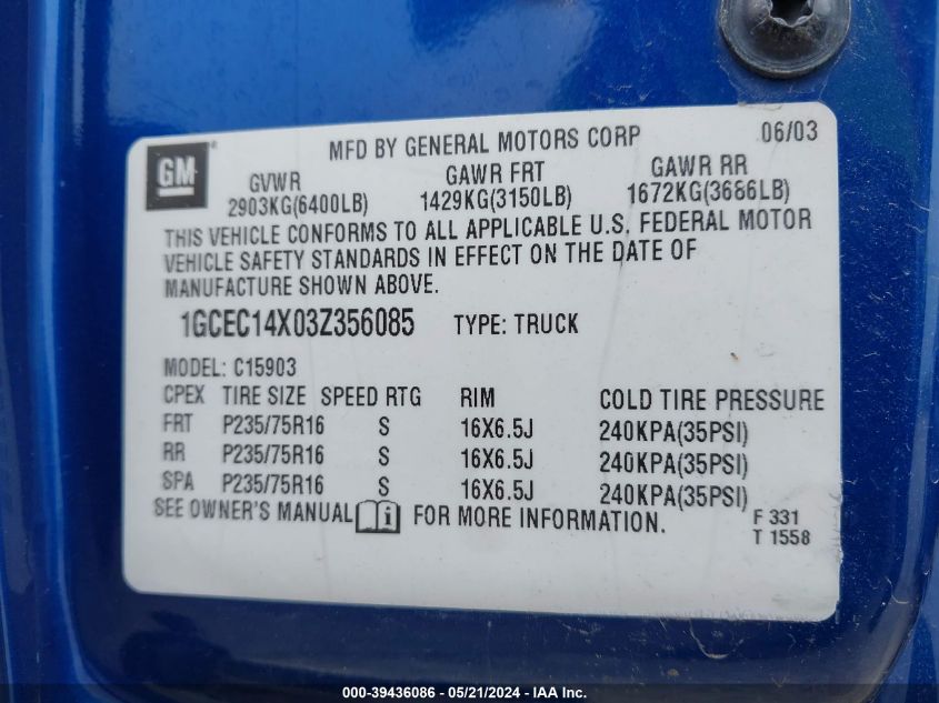 2003 Chevrolet Silverado 1500 Work Truck VIN: 1GCEC14X03Z356085 Lot: 39436086