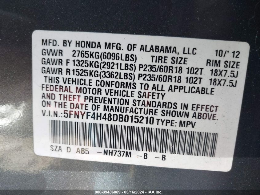 2013 Honda Pilot Ex VIN: 5FNYF4H48DB015210 Lot: 39436089