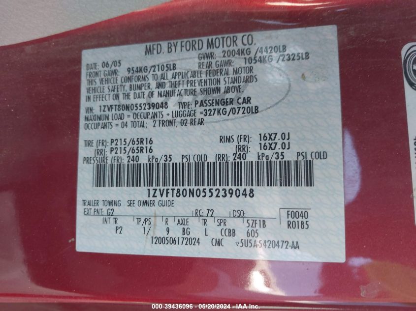 2005 Ford Mustang V6 Deluxe/V6 Premium VIN: 1ZVFT80N055239048 Lot: 39436096