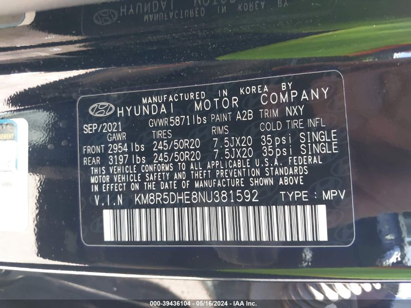 2022 Hyundai Palisade Limited VIN: KM8R5DHE8NU381592 Lot: 39436104