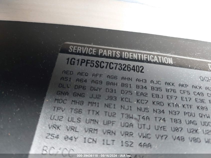 2012 Chevrolet Cruze 1Lt VIN: 1G1PF5SC7C7326402 Lot: 39436118