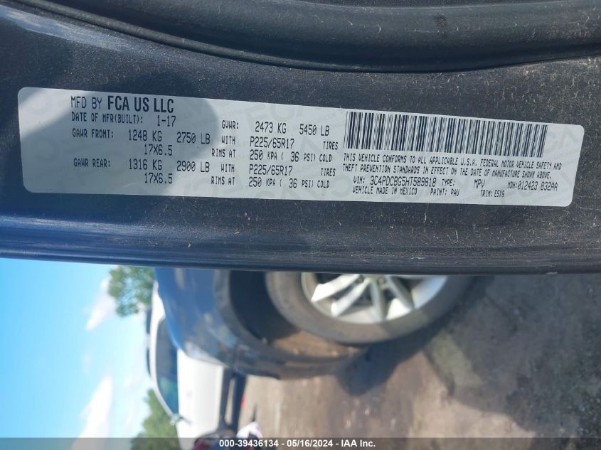 2017 Dodge Journey Sxt VIN: 3C4PDCBG5HT589818 Lot: 39436134