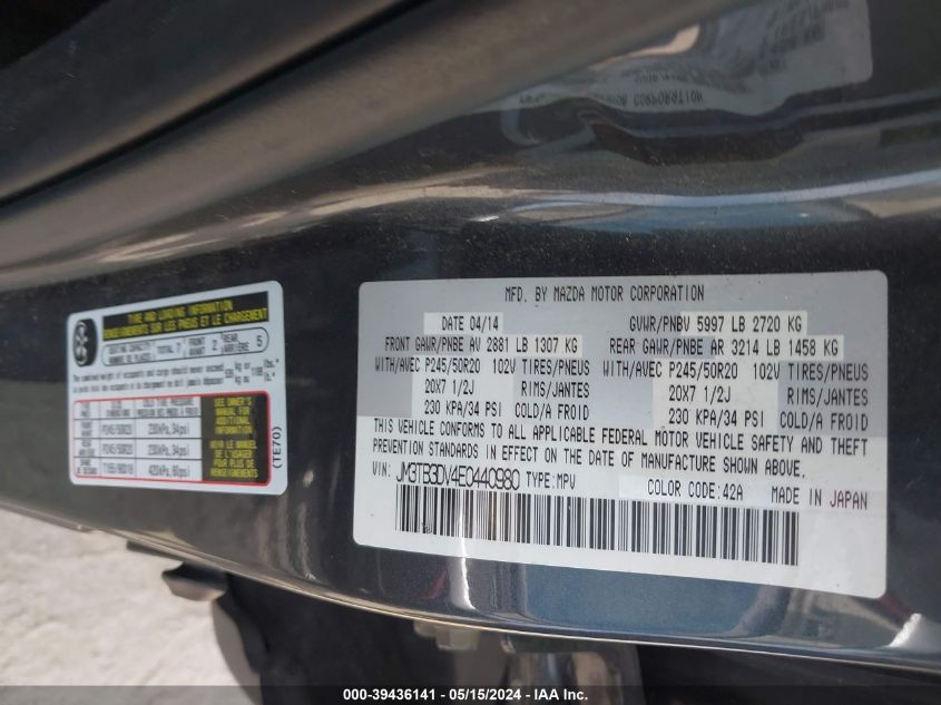 2014 Mazda Cx-9 Grand Touring VIN: JM3TB3DV4E0440980 Lot: 39436141