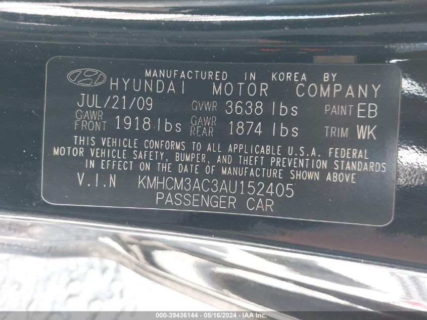 2010 Hyundai Accent Gs VIN: KMHCM3AC3AU152405 Lot: 39436144