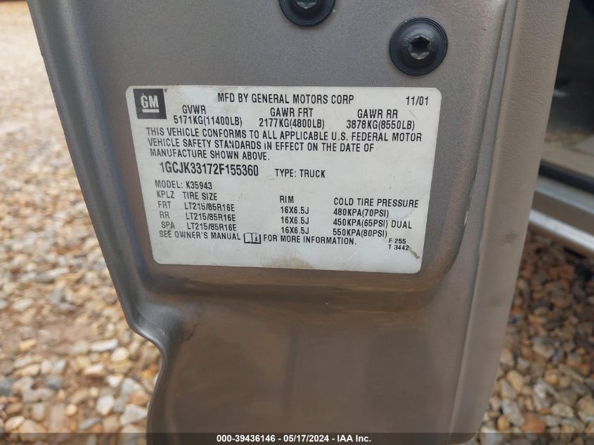 2002 Chevrolet Silverado 3500 Lt VIN: 1GCJK33172F155360 Lot: 39436146