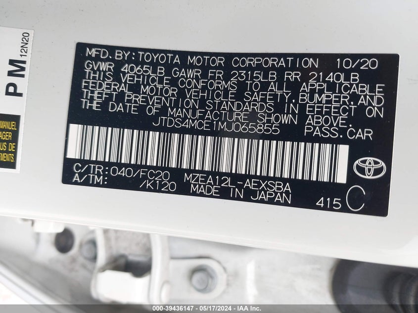 2021 TOYOTA COROLLA 2.0L I-4 DI, DOHC, V(VIN: JTDS4MCE1MJ065855