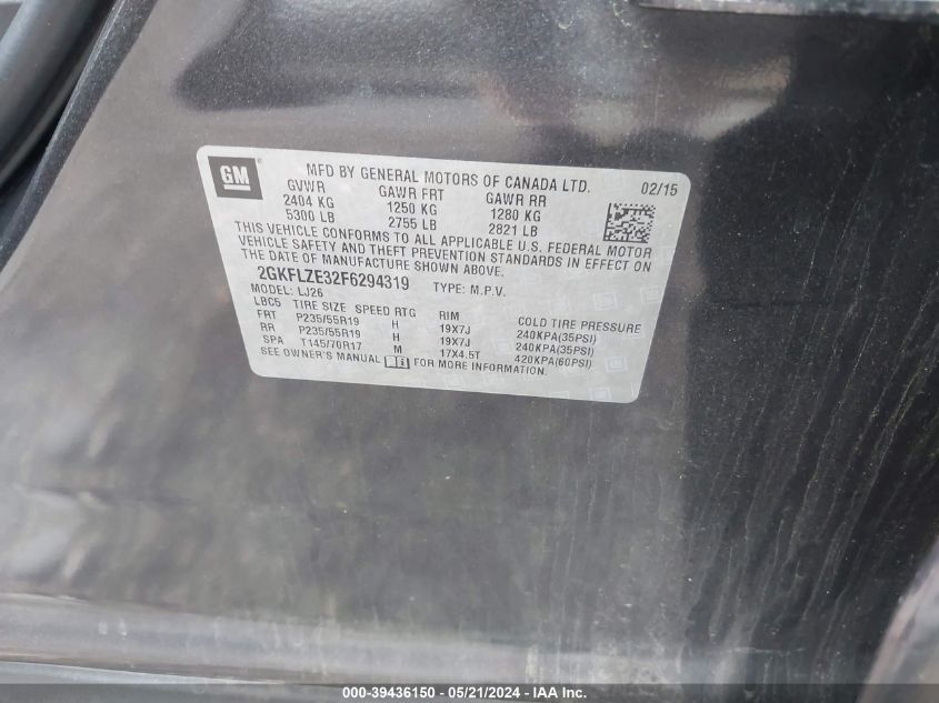 2015 GMC Terrain Denali VIN: 2GKFLZE32F6294319 Lot: 39436150