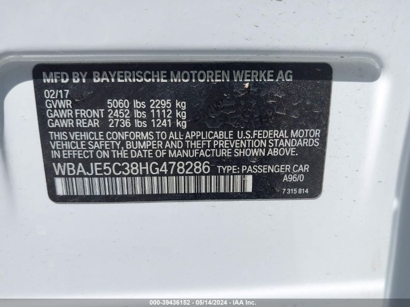 2017 BMW 540I VIN: WBAJE5C38HG478286 Lot: 39436152