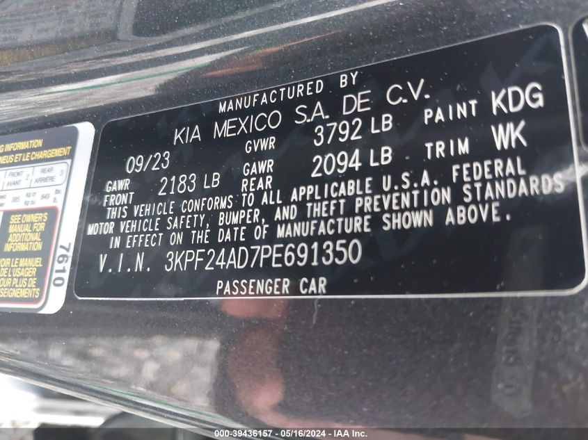 2023 Kia Forte Lxs VIN: 3KPF24AD7PE691350 Lot: 39436157