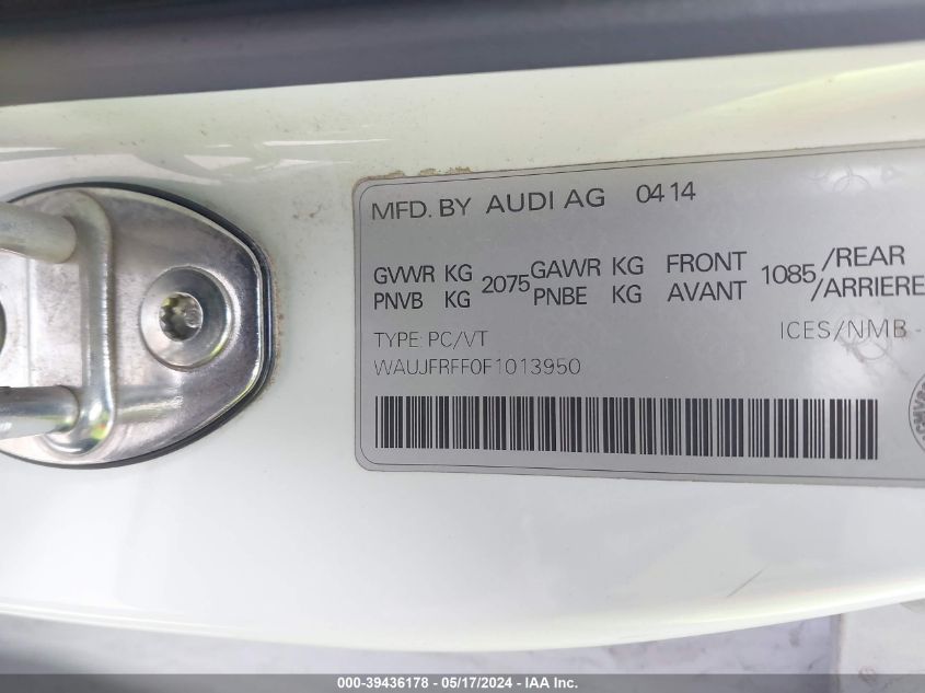 2015 Audi A3 VIN: WAUJFRFF0F1013950 Lot: 39436178
