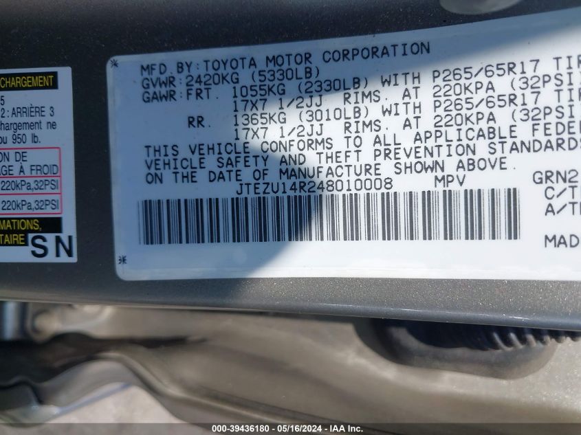 2004 Toyota 4Runner Sr5 V6 VIN: JTEZU14R248010008 Lot: 39436180