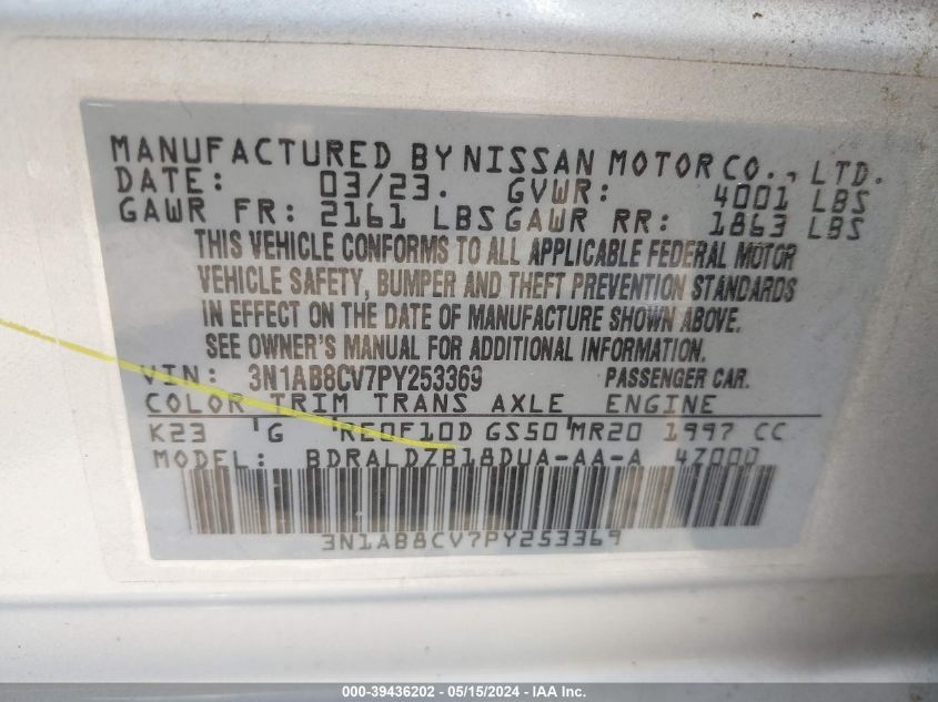 2023 Nissan Sentra Sv Xtronic Cvt VIN: 3N1AB8CV7PY253369 Lot: 39436202