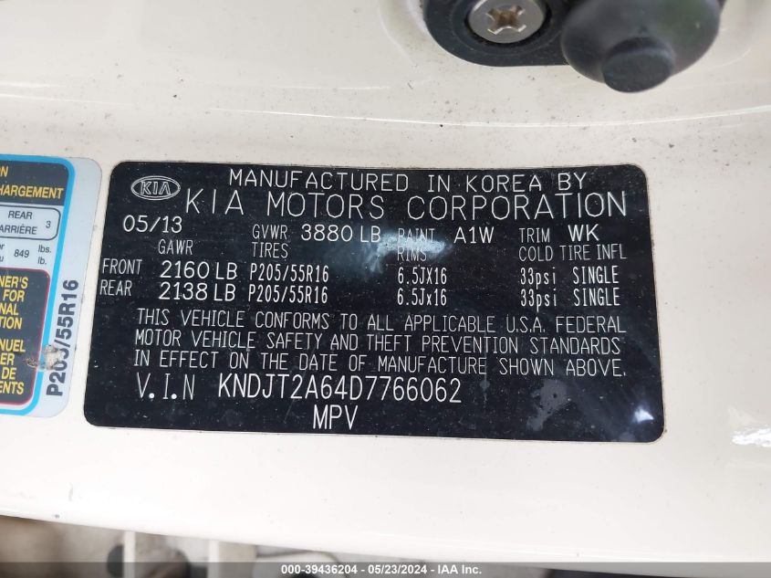 2013 Kia Soul + VIN: KNDJT2A64D7766062 Lot: 39436204