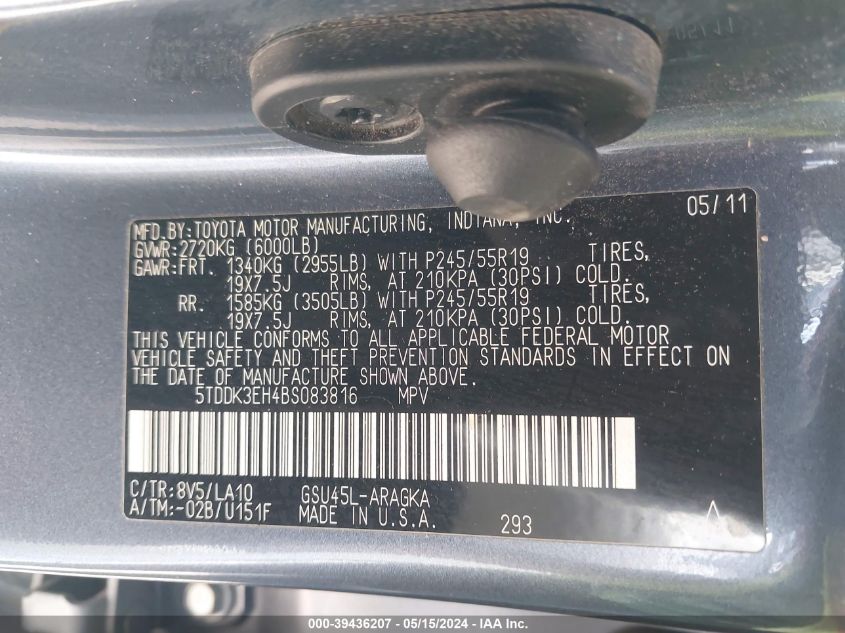 2011 Toyota Highlander Limited V6 VIN: 5TDDK3EH4BS083816 Lot: 39436207