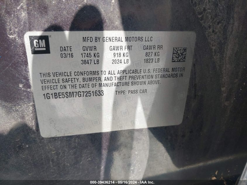2016 Chevrolet Cruze Lt Auto VIN: 1G1BE5SM7G7251633 Lot: 39436214