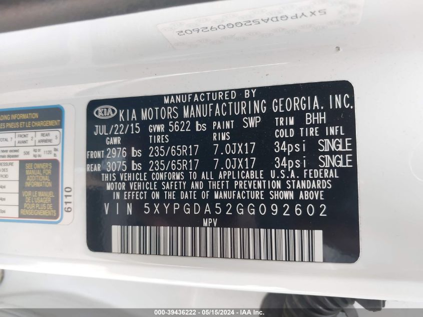 2016 Kia Sorento 3.3L Lx VIN: 5XYPGDA52GG092602 Lot: 39436222