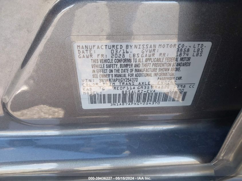 2016 Nissan Sentra Sr VIN: 3N1AB7APXGY254370 Lot: 39436227