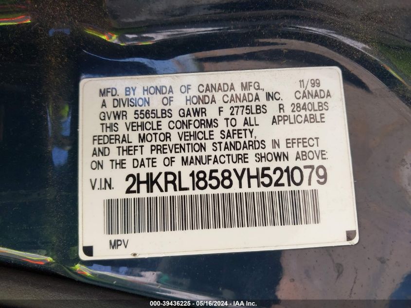 2000 Honda Odyssey Lx VIN: 2HKRL1858YH521079 Lot: 39436225