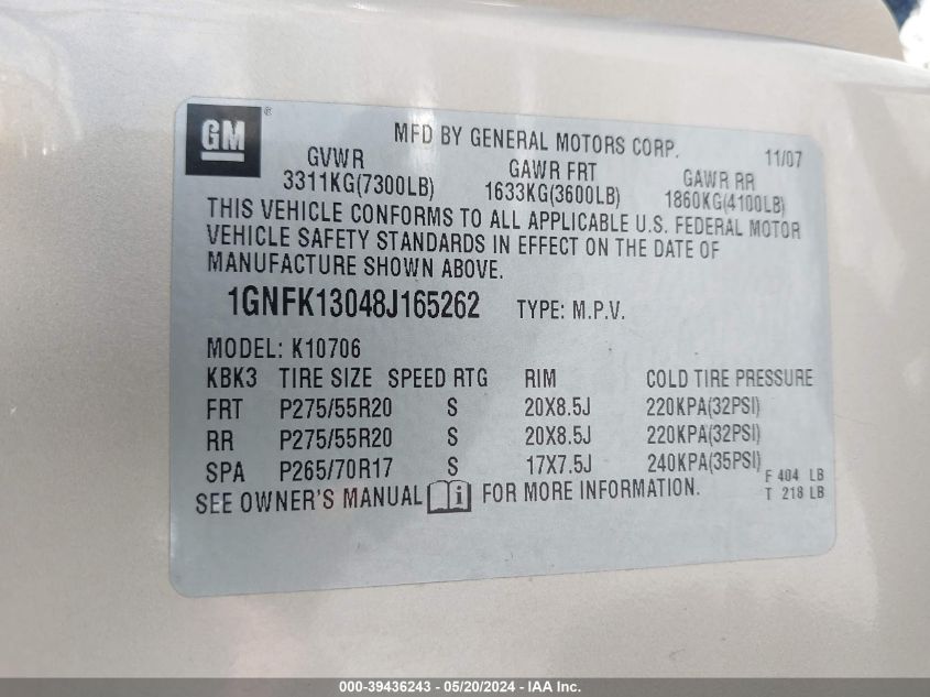2008 Chevrolet Tahoe Ltz VIN: 1GNFK13048J165262 Lot: 39436243