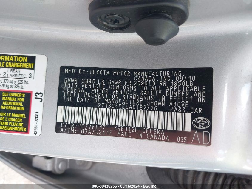 2010 Toyota Corolla S VIN: 2T1BU4EE9AC482726 Lot: 39436256