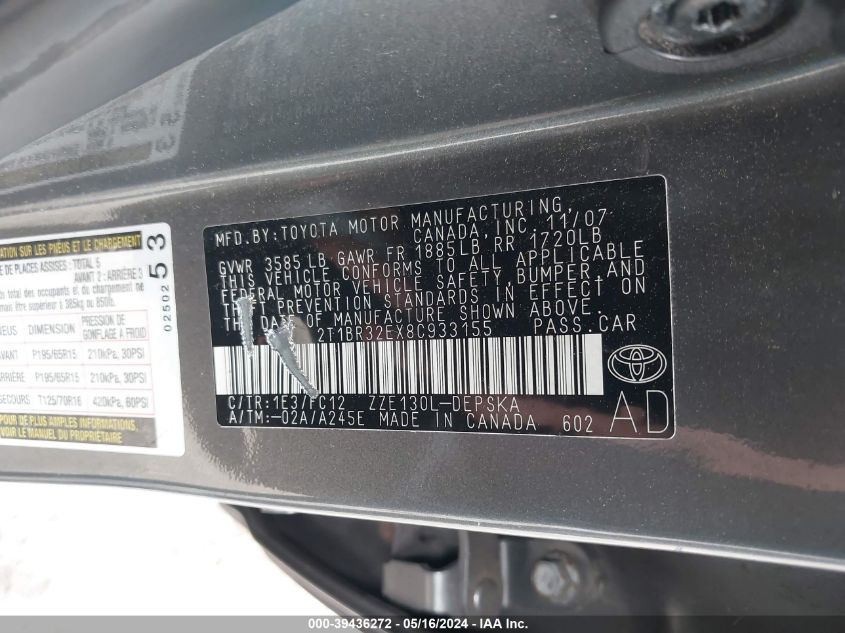 2008 Toyota Corolla S VIN: 2T1BR32EX8C933155 Lot: 39436272