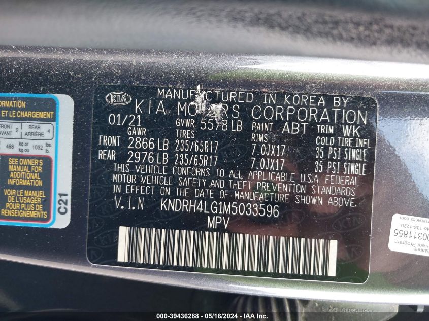 2021 Kia Sorento Hybrid Ex VIN: KNDRH4LG1M5033596 Lot: 39436288