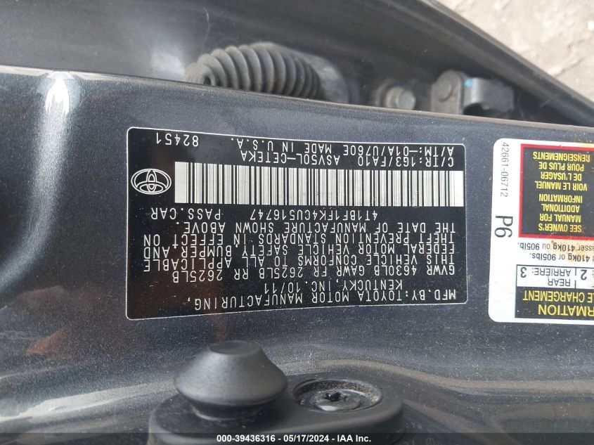 2012 Toyota Camry L VIN: 4T1BF1FK4CU516747 Lot: 39436316