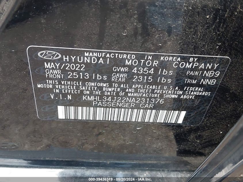 2022 Hyundai Sonata Limited VIN: KMHL34J22NA231376 Lot: 39436319