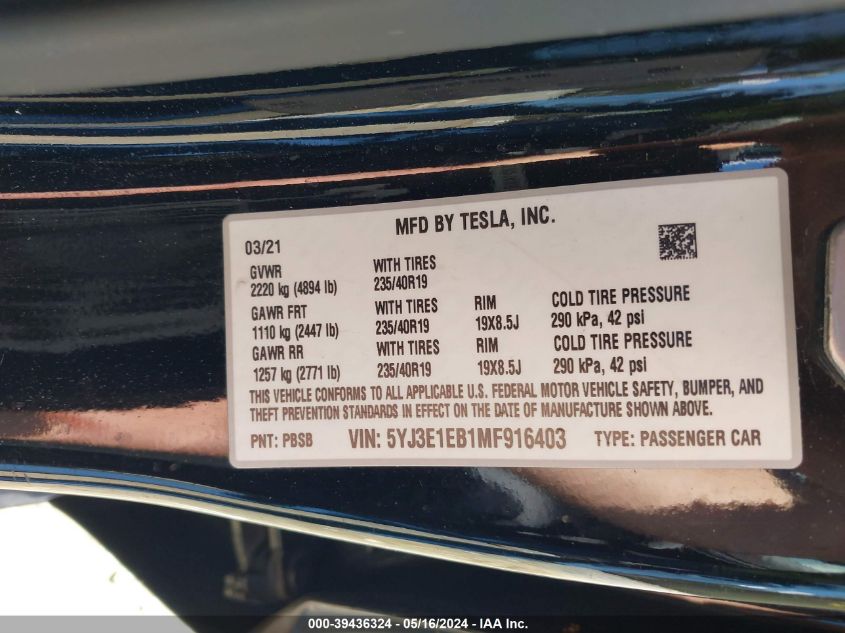 2021 Tesla Model 3 Long Range Dual Motor All-Wheel Drive VIN: 5YJ3E1EB1MF916403 Lot: 39436324