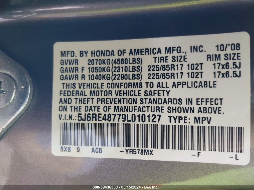 2009 Honda Cr-V Ex-L VIN: 5J6RE48779L010127 Lot: 39436330